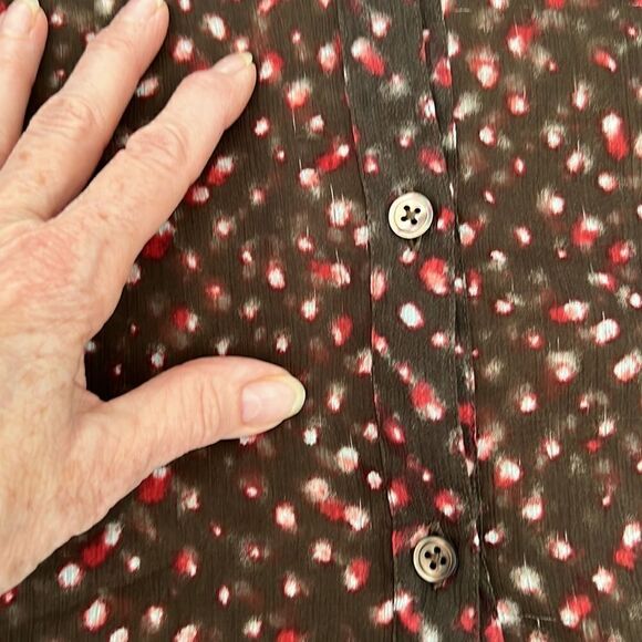 J Jill LS sheer blouse brown w/ red white print GUC last picture shows colors - Picture 12 of 16